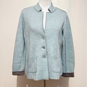 Eileen Fisher M Merino Blue Wool Knit Blazer Jacket Button Front Designer Classy